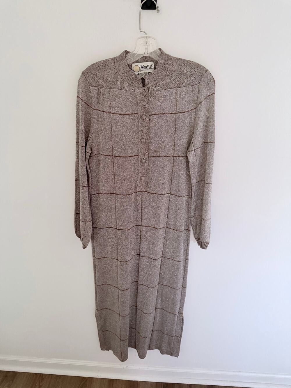 Vintage Wenjilli Long Sleeve Metallic Bronze Grid Pattern Dress-Size XS/S